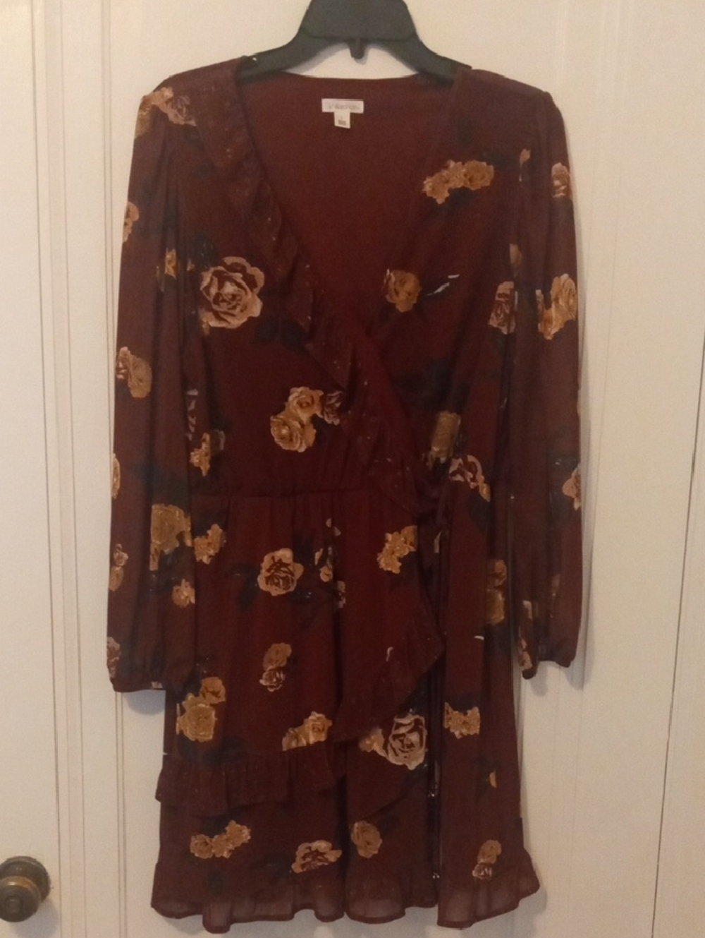 Brown Floral Wrap Dress with Ruffle Hem, sheer sleeves, Large
